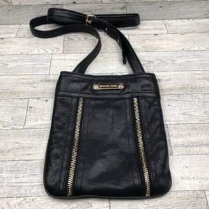 Michael Kors Moxley Pebbled Leather Crossbody Handbag.  Black With Gold Hardware